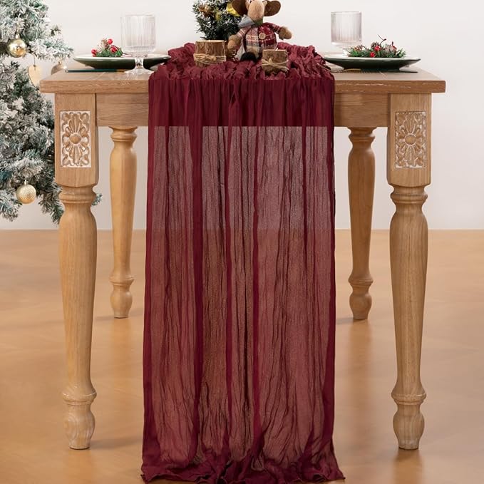 MLMC 8 Pack Burgundy Cheesecloth Table Runner Boho Rustic Gauze Wine Red Cheese Cloth Table Runner Cheese Cloth Centerpiece Decor 35x120 Inches for Wedding Reception Anniversary Home Decor