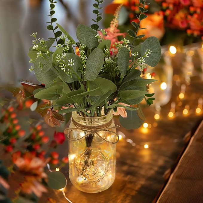 Set of 3 Mason Jar Lights, Plant Decorative Jars Vase Holiday Table Decor | Farmhouse Table Centerpiece for Home Wedding Event Party Decor