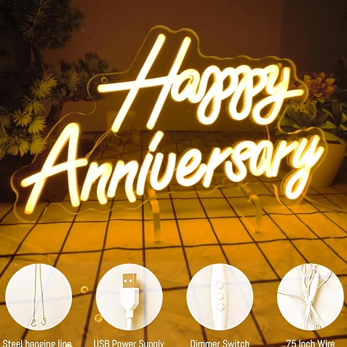 Happy Anniversary Neon Sign - Wedding Birthday Party Decoration Neon Light for Bedroom,Living,Home Bar Valentine's Day Anniversary Decor Gift (warm white)