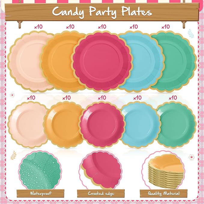 Zhehao 150 Pcs Colorful Plates and Napkins Tableware Serves 50 Includes 9 Inch 7 Inch Candy Color Scalloped Paper Plate and Napkins for Wedding Birthday Baby Shower Party