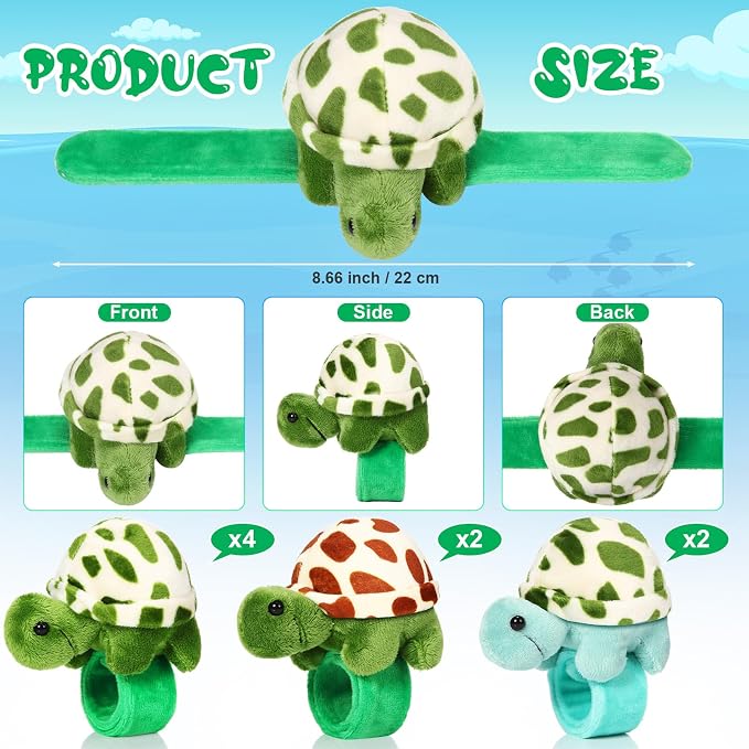 Lenwen 8 Pcs Stuffed Turtle Animals Slap Bracelets for Kids 8.66 Inch Back to School Plush Animal Bracelets Adopt a Turtle Party Favors Wrist Slap Snap Band Toy for Boys Girls Birthday Gifts