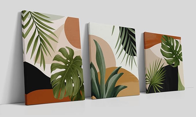 LiTiu Abstract Boho Tropical Monstera Palm Leaf Canvas Wall Art Decor,Mid Century Modern Framed Wall Art Canvas Prints Decor,15”x 23”Set of 3,Minimalist Boho Decorations For Home Girls Bedroom Bathroom Office