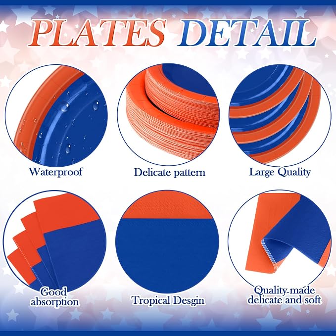 Funnymoom 452 Pcs Blue and Orange Party Supplies for 50 Guest, Blue Orange Paper Plates Cups Napkins Tablecloth Cutlery Straw Tableware Set for Graduation Birthday Retirement Wedding Party Decoration