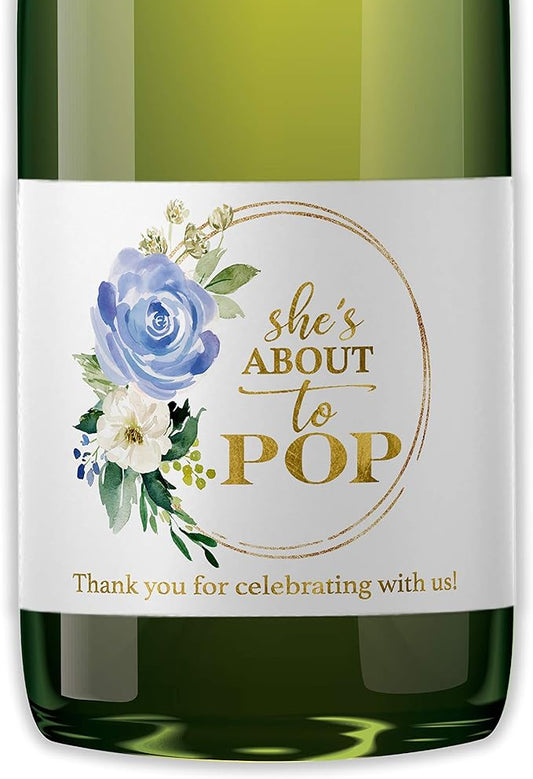 It’s a Boy Mini Champagne Bottle Labels ● SET of 12 ● She’s Ready To POP Baby Shower Favor Label, About to POP Thank You Favors, Blue Boy Baby Shower Gender Reveal Waterproof (Floral)