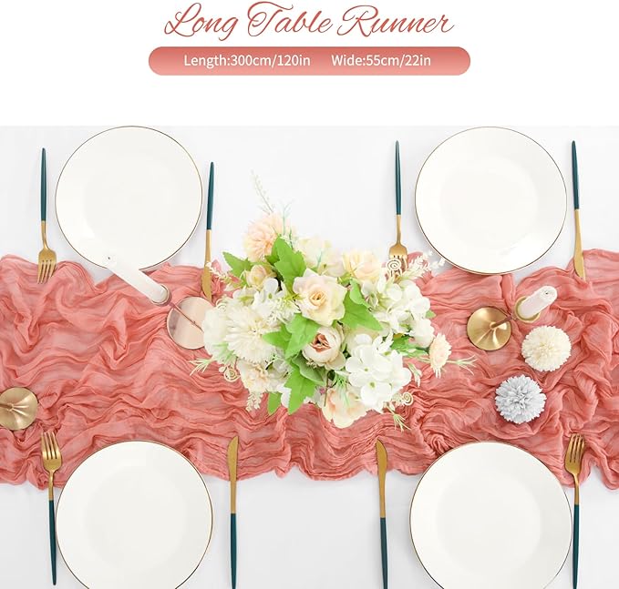 20 Pack Coral Cheesecloth Table Runner 120 Inch 10FT Rustic Boho Gauze Cheese Cloth Table Runner for Wedding Party Baby Shower Thanksgiving Christmas Decoration