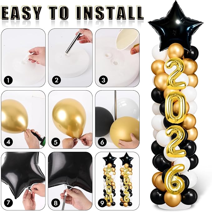 2 Sets Black Gold Balloon Column Stand Kit with Balloons Prom Send off 2026 Prom Themed Decoration Black Gold Balloon Tower Stand for Floor Grad School & College Celebration Party Supplies