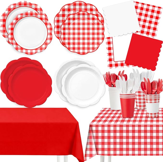 Ceenna 390 Pcs Red Gingham Party Supplies for 48 Guests, Red and White Checkered Paper Plates Napkins Cups Tablecloth Cutlery Disposable Tableware for Picnic BBQ Birthday Baby Shower Party Deocration