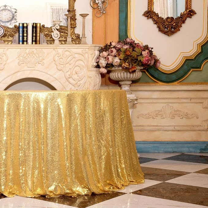 Juya Delight 90'' Round Gold Sequin Tablecloth for Wedding Birthday Party Festival Ceremony Dessert Table