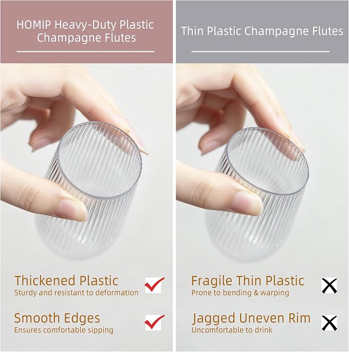 HOMIP 36pcs Clear Plastic Champagne Flutes - 9oz Disposable Champagne Flutes Stemless Toasting Glasses, Ribbed Ripple Design (BPA-Free) for Weddings, Bars & Events - Disposable Party Cups