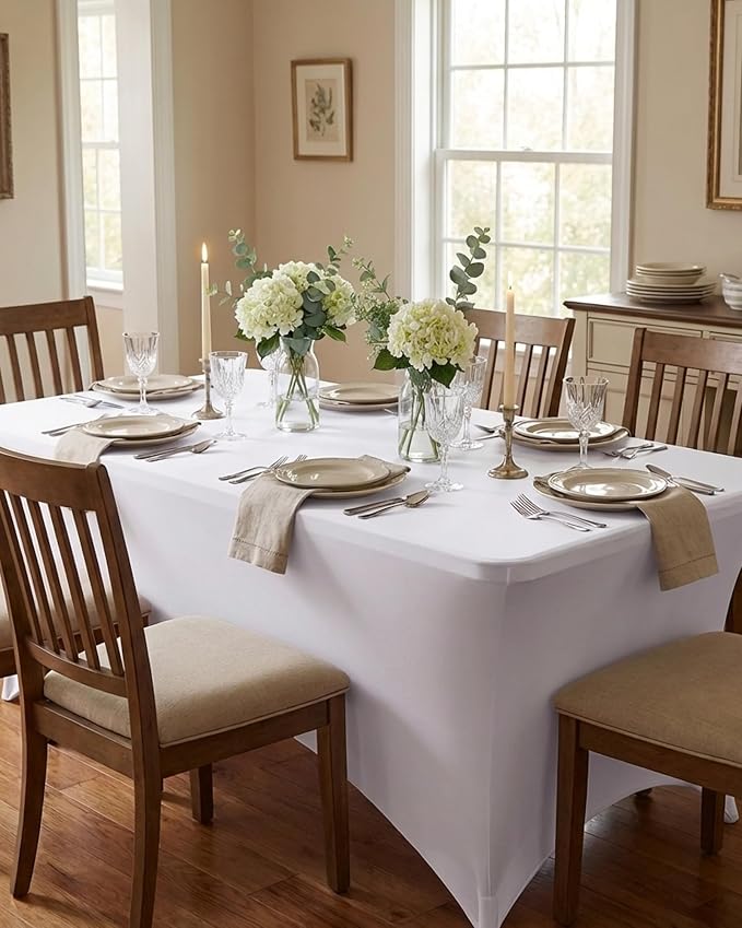 Fixwal White Tablecloth 2 Pack 6FT for Rectangular Table Spandex Fitted Table Covers Washable Stretch Table Cloth for Party, Trade Show, Banquet, Wedding, Buffet, Graduation and Birthday