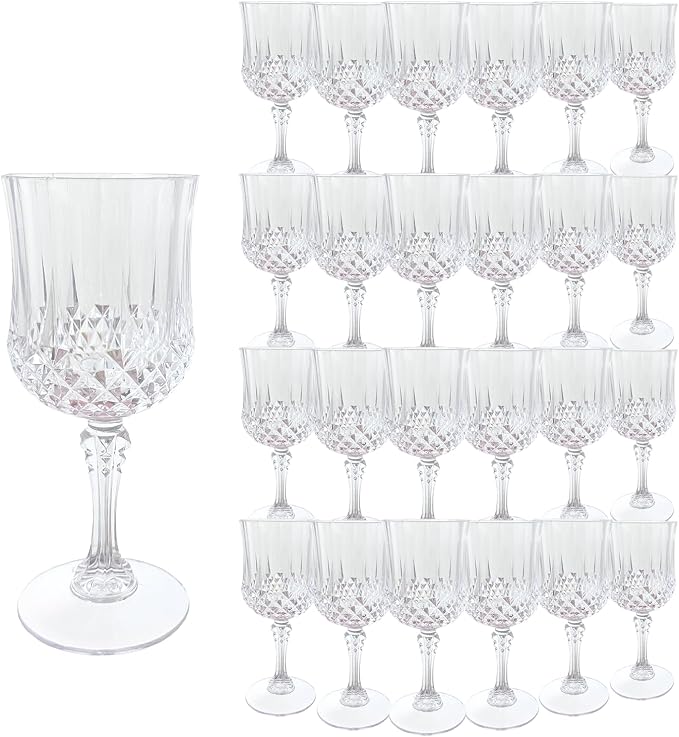 Plastic Wine Glasses, Plastic Goblets Vintage Style Cordial Unbreakable Drinking Glasses, Reusable Drinkware for Wedding Reception, Grand Event Party Supplies (24, Transparent)