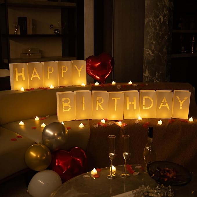 Happy Birthday Decorations for Women and Men - Surprise Set with Light Up Letters Sign Luminary Paper Bags, 30 LED Tea Light Candles, Red Heart Balloons, 1000 Red & Pink Artificial Rose Petals