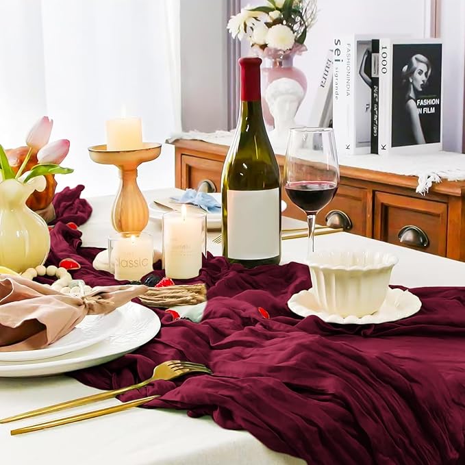 12 Pack Burgundy Cheesecloth Table Runner, 10FT Cheesecloth Rustic Boho Table Runner Long Romantic Semi Sheer Table Runner for Wedding Baby Shower Birthday Bridal Party Decorations(21.5×120 Inch)