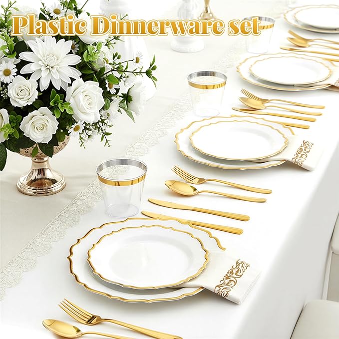 Glowserve 175 Piece Disposable Plastic Plates Dinnerware Set for 25 Guests | 50 Plastic Plates,25 Silverware Set,25 Cups and Napkins,Party Wedding Birthday,Family Gathering,Fancy Plastic Plates