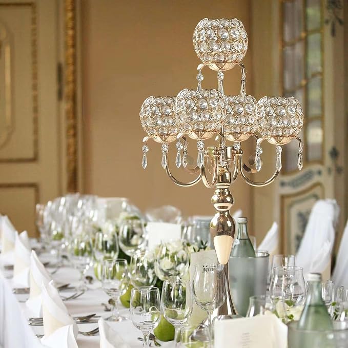 2 PCS Kehail Crystal Table Decoration Gold Candle Holder with Pendant, 5 Arm Candelabra Holder Beautiful Hollow Engraved Table Centerpiece for Christmas, Thanksgiving, Weddings, Holiday Parties