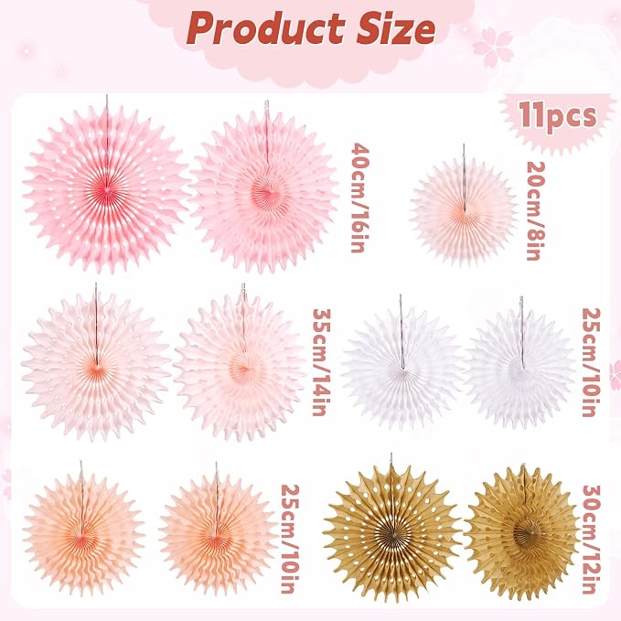 SUNBEAUTY 11Pcs Soft Pink Paper Fans Party Decorations for Wall, Reusable Large Spring Summer Hanging Paper Fans for Birthday Party Bachelorette Anniversary Wedding Bulletin board Photo Booth Backdrop