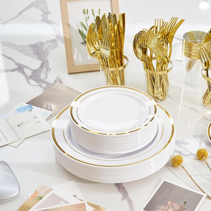 Fijinhom 350 Pieces Gold Disposable Plates for 50 Guests, Disposable Plastic Plates for Party, Wedding, Dinnerware Set of 50 Dinner Plates, 50 Salad Plates,50 Cups and 50 Paper Napkins, Gold