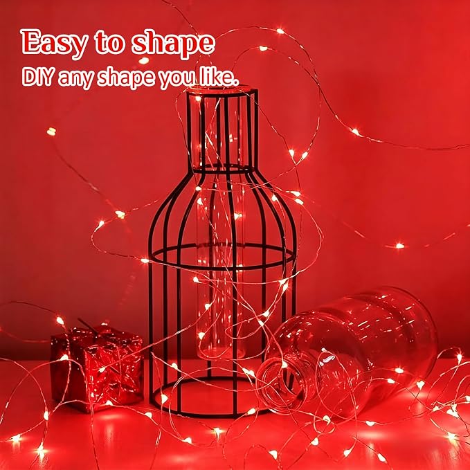 QITONG 4 Pack Red Fairy Lights Battery Operated, Each 16 ft 50 LED Mini String Lights, Sliver Wire Christmas Twinkle Lights Indoor