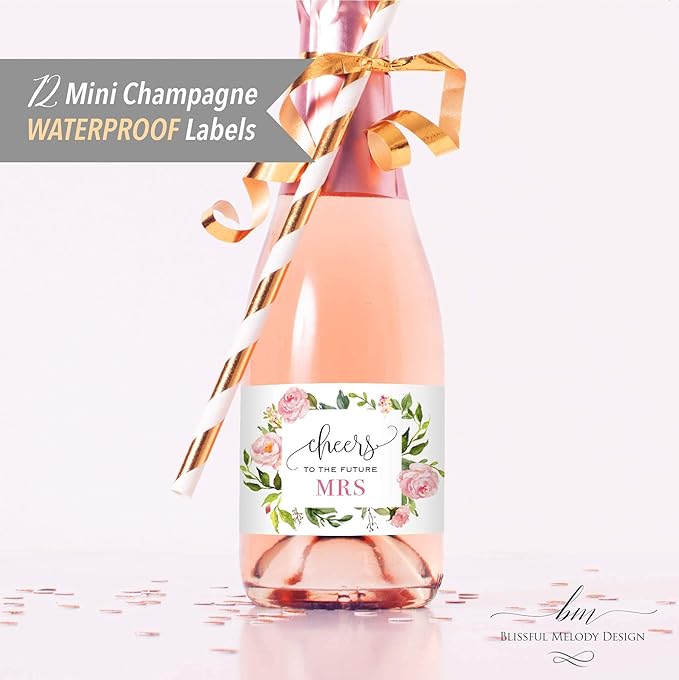 Cheers to the Future Mrs. - 12 Mini Champagne Bottle Labels, Waterproof Mini Wine Bottle Labels for Bridal Shower Bachelorette Party (Pink Floral, 12 Mini Bottle Labels)