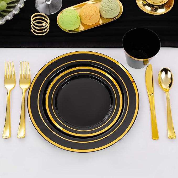 WELLIFE 150 PCS Black and Gold Disposable Dinnerware Set, Plastic Plates for Party, Including 25 Dinner Salad Plates, Cups, Forks Knives Spoons for New Year Party Supplies