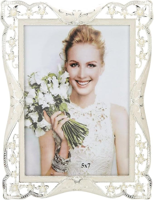 5x7 Vintage Metal Picture Frame White Pearl Photo Frame Wedding Decoration, Clear Glass Front, Unique Tabletop or Wall Display, Mothers Day Gifts for Mom Women, Horizontally & Vertically
