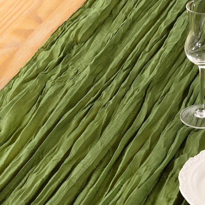 DeZerlor Olive Green Cheesecloth Table Runner Spring Easter Table Runner Boho Gauze 120 Inches Green Cheese Cloth Table Decora for Wedding Bridal Baby Shower Parties
