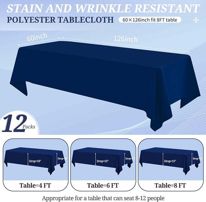 12 Pack Polyester Tablecloth -60 x 126 Inch Navy Blue Table Cloth for 8 Feet Rectangle Tables, Stain and Wrinkle Resistant Washable Fabric Table Cover for Wedding Party Banquet Restaurant Kitchen