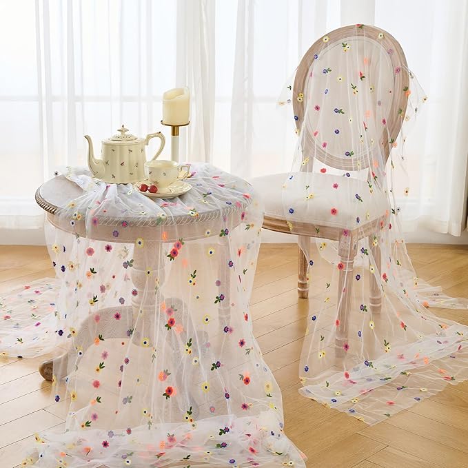 BINBE 1pcs Ivory Daisy Spring Table Runner Embroidery Gauze 10FT Florals Seasonal Tulle Holiday Birthday Kitchen Dining Table Decor for Home Party