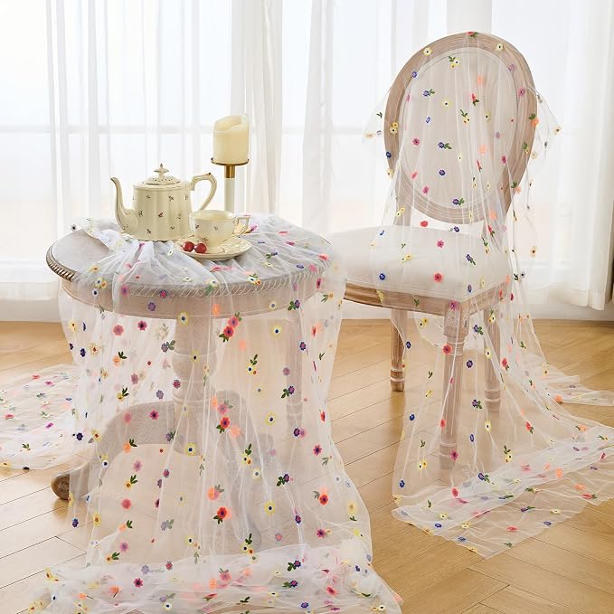 BINBE 12pcs Daisy Spring Table Runner Embroidery Gauze 10FT Florals Seasonal Tulle Holiday Birthday Kitchen Dining Table Decor for Home Party Ivory