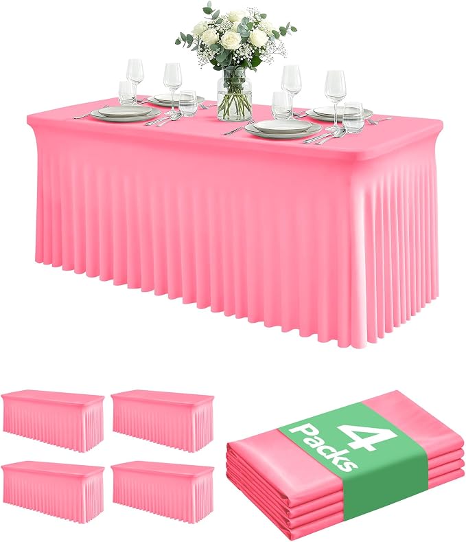4 Pack Spandex Table Cover Skirts for 8ft Rectangle Tables, Pink Stretch Table Cloths with Floor-Length Ruffle, Elastic Fitted Skirted Tablecloth for Elegant Wedding Banquet Party Buffet Decoration