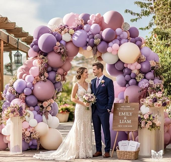 Purple Pink Balloon Arch Kit, Double Stuffed Pastel Pink Lavender White Beige Balloon Garland Dusty Light Lilac Cream Balloons for Birthday Baby Shower Wedding Butterfly Flower Mothers Day Party Decor