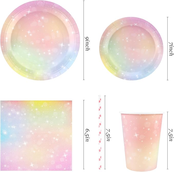 Recheel Pastel Birthday Party Supplies Decorations, Rainbow Theme Birthday Paper Plates and Napkins Set with Cups and Straws for 24 Guests, 120 Pcs Disposable Party Dessert Dinnerwares