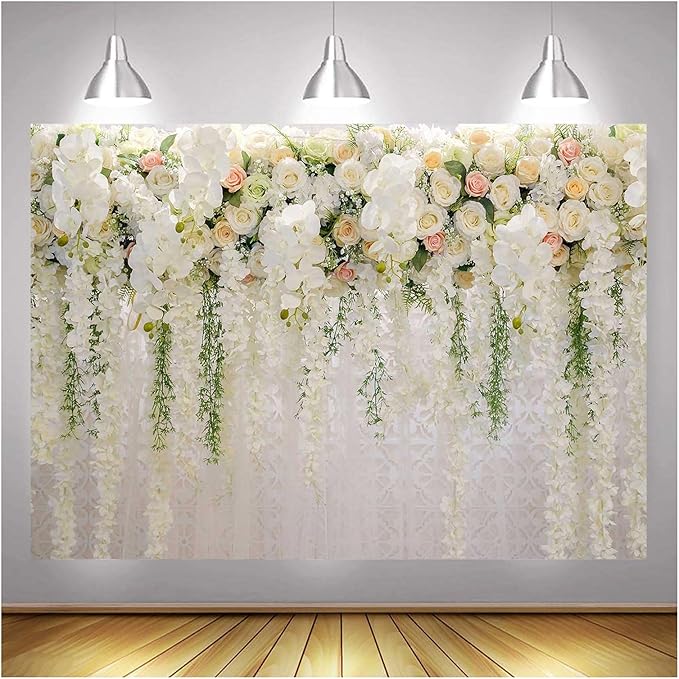 White Rose Floral Theme Photography Background 9x6ft Wedding Bridal Shower Wedding Flowers Photo Backdrops Baby Girl Birthday Party Portrait Dessert Cake Table Decor Photo Booth Studio Props Vinyl