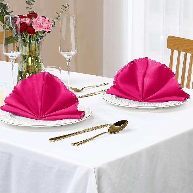 Homiest Hot Pink Satin Napkins - 100 Pack, 17x17 Inches, Scalloped Square Napkins for Weddings, Restaurants, Parties