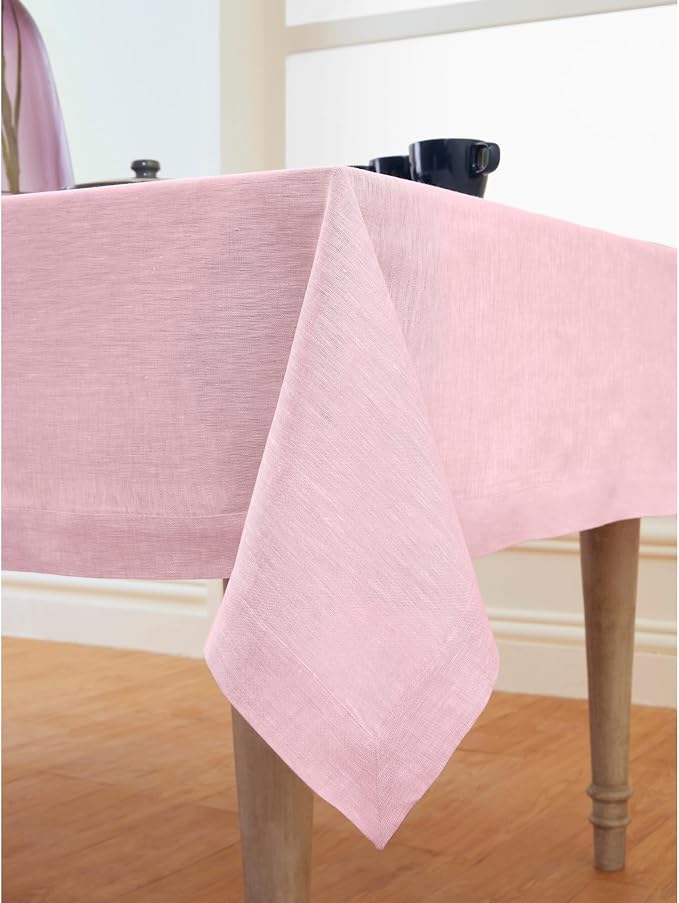 Solino Home Linen Tablecloth 60 x 132 Inch - 100% Pure Linen Bubblegum Pink Table Cloth for Rectangle Tables - Athena, Machine Washable Tablecloth for Summer