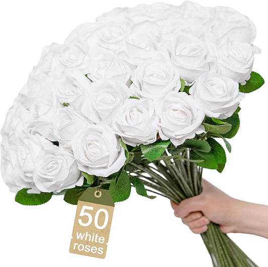 [50]Pcs Realistic Artificial flowers White Roses Bulk, Silk Flowers for wedding decorations & Home Decor, Bridal Bouquets & Centerpieces, Perfect for Halloween & Valentine's Day Decorations (50)