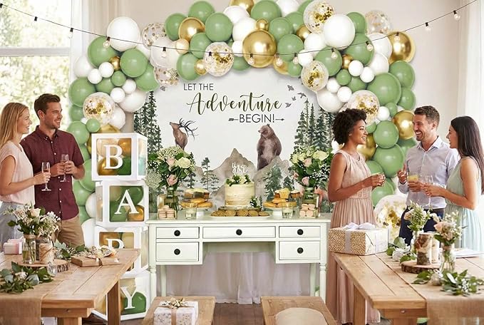 140PCS Let The Adventure Begin Baby Shower Decorations, Woodland Mountain Baby Shower Supplies, Sage Green Balloon Garland Kit, BABY Boxes, Backdrop Banner