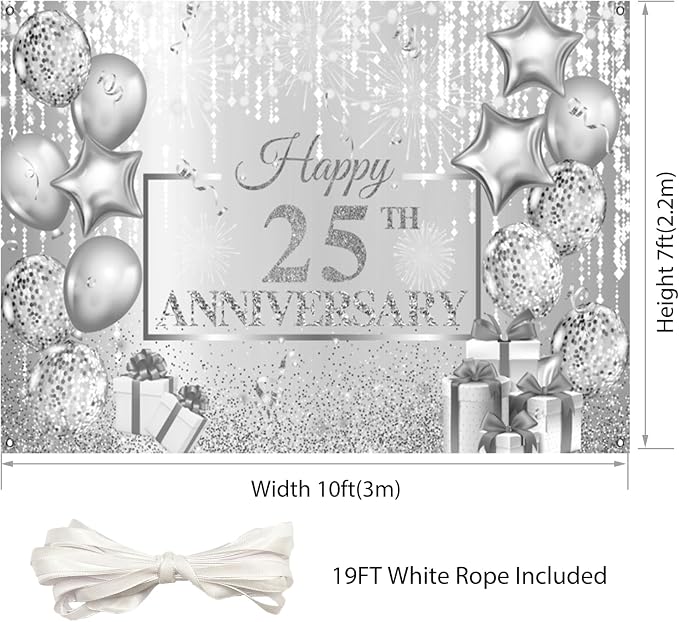 AOFOTO Happy 25th Anniversary Backdrop Glitter Grey Spots Ballons Printed Photography Background 25 Years Wedding Anniversary Party Home Wall Decor Supplies Banner Portrait Photo Studio Props 10x7ft