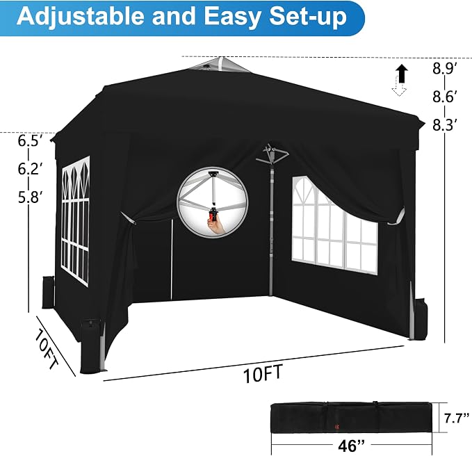 10x10 Pop Up Canopy Tent with Sidewalls x 4 – Easy Setup Canopy Tent, Waterproof, UV-Resistant, Portable with Carry Bag for Outdoor Events, Camping, and Backyard Parties – Black