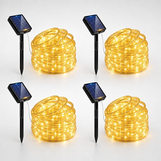 Solar Rope Lights, 4Pack 20FT 60 LED Solar Fairy Lights with 8 Lighting Modes, IP65 Waterproof Strip Light Outdoor for Garden Yard Patio Deck Fence Tree Party Holiday Decoration, Warm White
