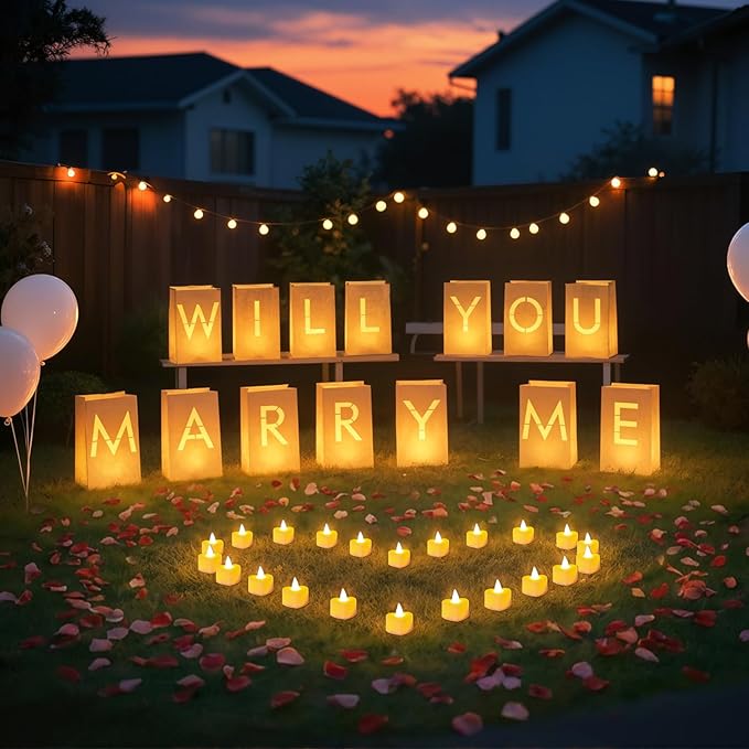 Will You Marry Me Light Up Letters Luminary Bags, Marry Me Sign Banner, Romantic Proposal Decoration Kit with 30PC Bright LED Candles and 2000PC Fake Rose Petals
