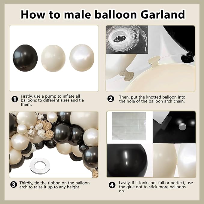 Black and White Balloons Arch Kit - 119 PCs Double Stuffed Cream and Black Balloons Garland Pearl White Sand Beige Ivory Balloons for Wedding Coquette Birthday Party Decorations