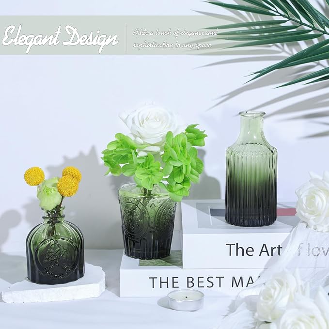 TBWIND Glass Bud Vase Set of 24, Small Green Flower Vases for Centerpieces in Bulk, Mini Vintage Vase for Wedding Decor, and Home Table Décor