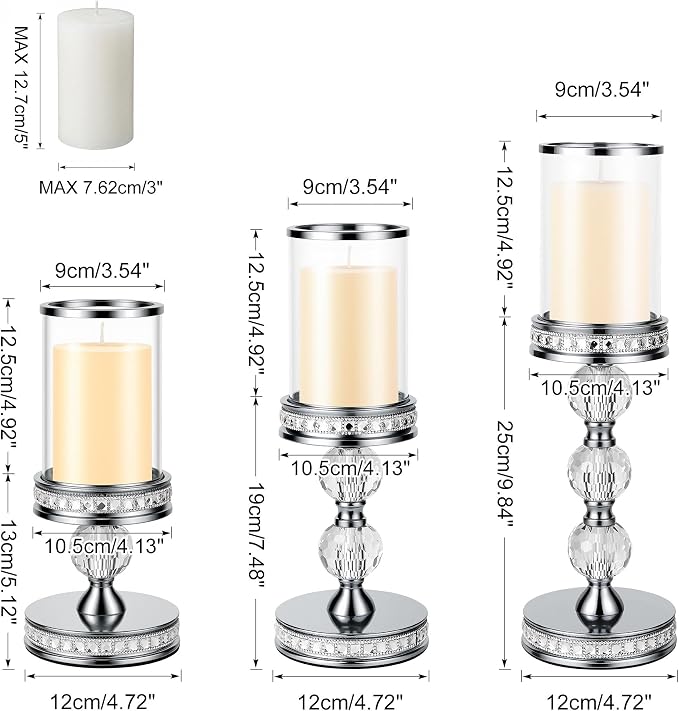12.4" Tall Hurricane Candle Holder, Pillar Candle Holders with Glass Sleeve with Gift Box, Crystal Candle Stands for Home Warming, Weddiing, Dining Room Decor, Table Centerpiece (2, Silver, M)