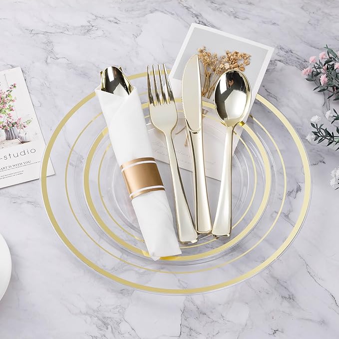 BESTVIP 175PCS Clear Gold Plastic Dinnerware Set, Disposable Party Plates for 25 Guests, Include: 50 Plastic Plates, 25 Pre Rolled Napkins with Silverware, 25 Cups for Christmas, Halloween