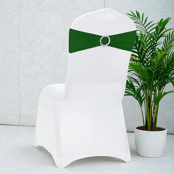 VDS - Green | Spandex Chair Sashes Bows | 300 PCS | Stretch Elastic Banquet Universal Folding Chair Band Tie with Silver Buckle Slider for Wedding Party Conference Celebration Event Decoration
