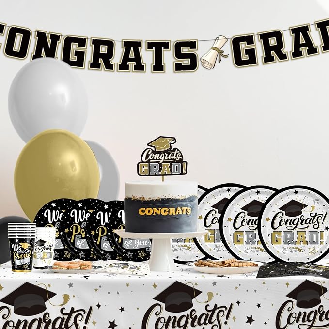 Graduation Decorations 2026 Black and Gold Grad Party Supplies with Disposable Plates, Napkins, Tablecloth, Cups and Congrats Grad Banner for 24 Guests - Graduation Party Decorations