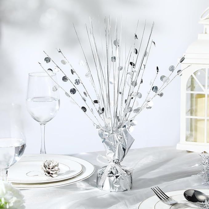 Crowye 6 Pcs Silver Metallic Foil Spray Centerpiece Table Decoration Silver Round Spray Centerpiece for Party Table Decor for Holiday Birthday Party