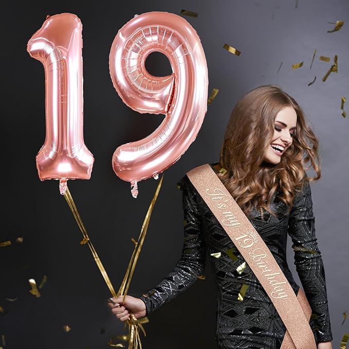 19th Birthday Decorations for Girl, Including 19th Birthday Tiara and Sash, Cake Topper and Candles, Number Balloons, Greeting Card, 19 Year Old Gifts for Girls