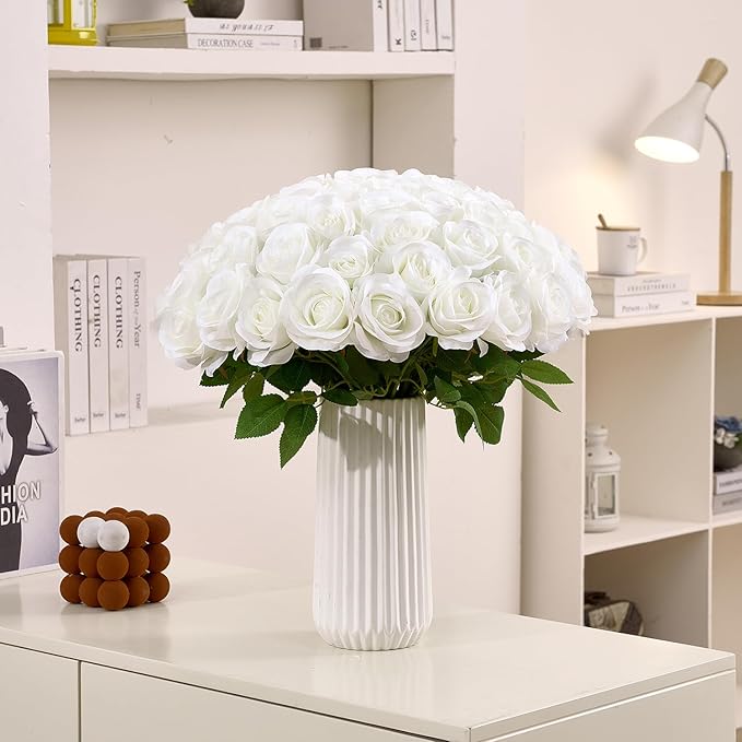 60 Pcs Ivory Fake Roses Artificial Flowers Bulk Realistic Silk Faux Rose with Stems for Wedding Decoration Anniversary Bridal Bouquet DIY Floral Arrangement Romantic Home Decor Gifts